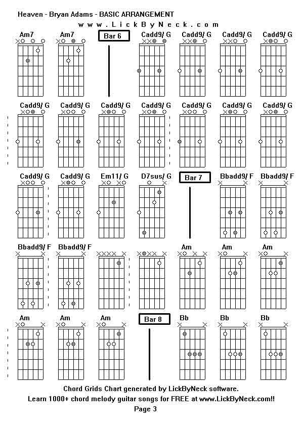 Chord Grids Chart of chord melody fingerstyle guitar song-Heaven - Bryan Adams - BASIC ARRANGEMENT,generated by LickByNeck software.